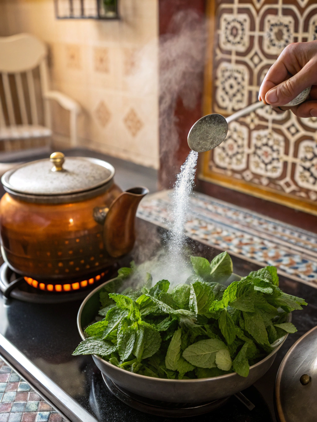 Moroccan mint tea preparing steps